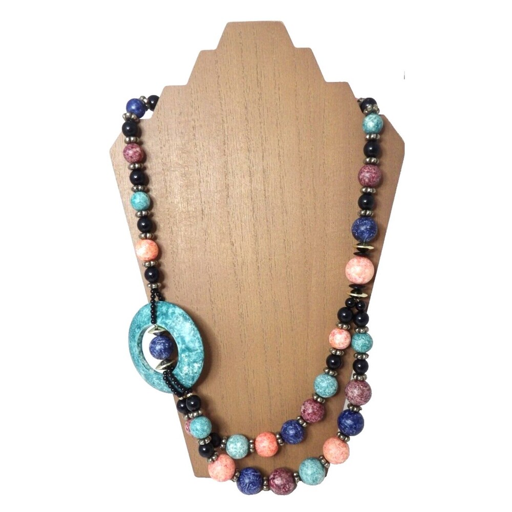 Chunky Beaded Colorful Sideswept Pendant Necklace Statement Piece Costume Boho